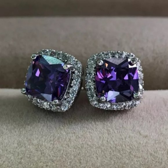 White Gold Purple Amethyst Diamond Halo Earrings - Picture 2 of 3